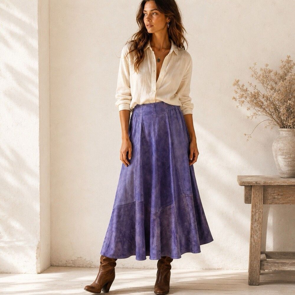 Vakko Vintage Purple Suede Leather Maxi Skirt Sz 6 XS Boho A Line USA 70s Hippie